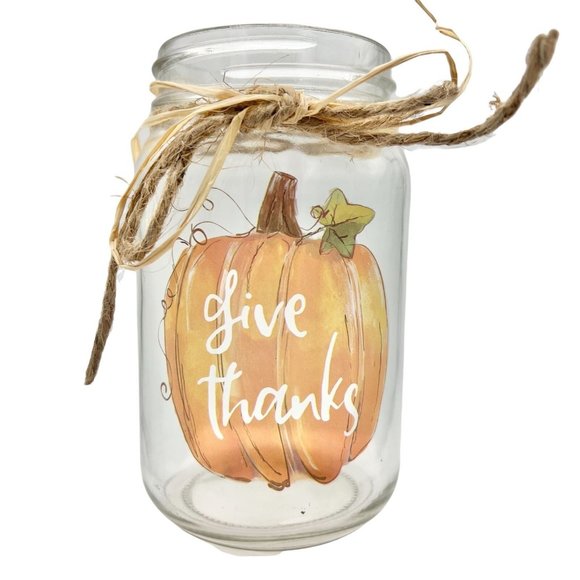 Jar Vase 5.5 x 3 Clear Give Thanks Pumpkin Straw String Bow New - Picture 1 of 7